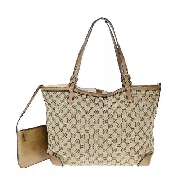GUCCI Logo GG Pattern Shoulder Tote Bag Canvas Leather Brown Italy - Picture 1 of 15